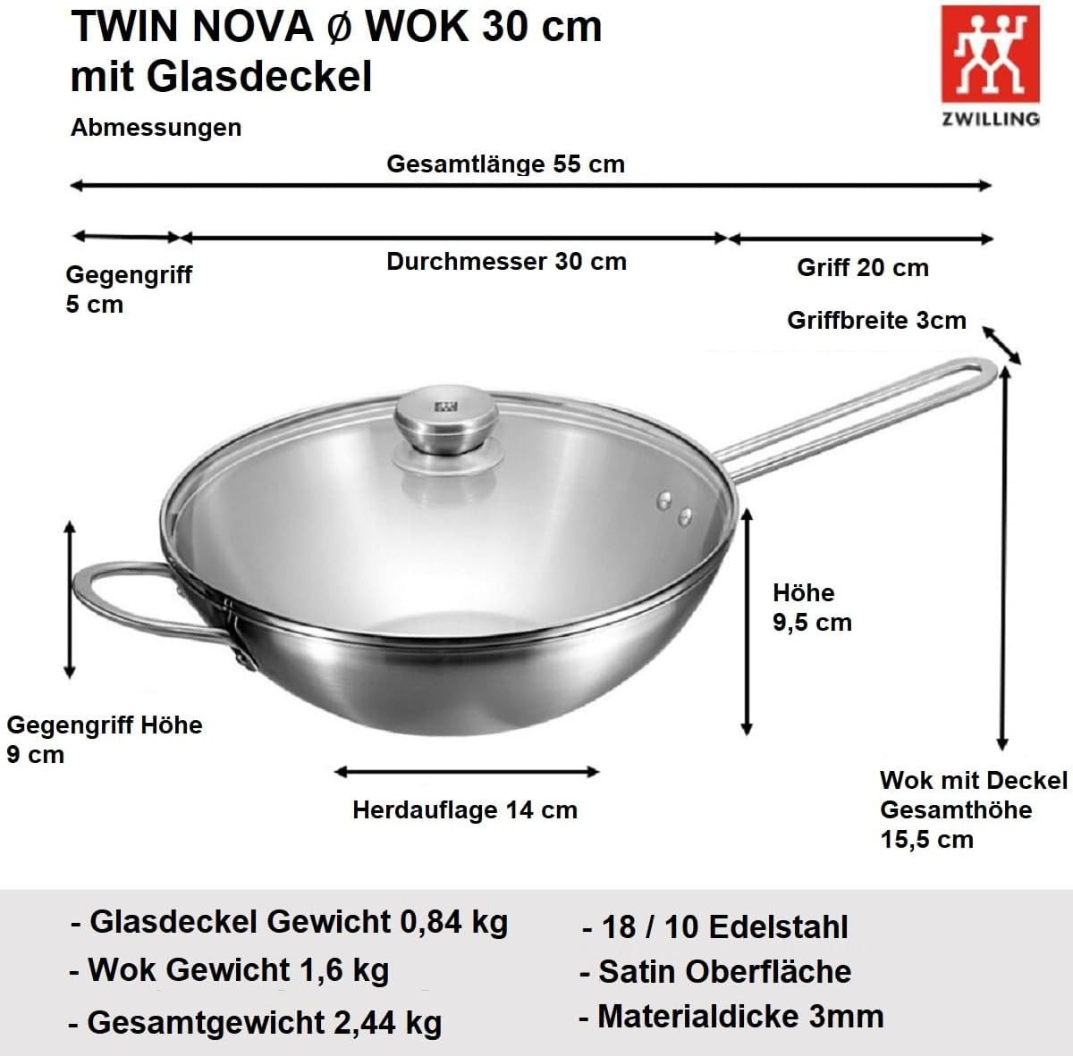 Zwilling Wok Twin Nova 3, Edelstahl, Wokpfanne, 30cm, mit Glasdeckel, Edelstahl, unbeschichtet, Induktion – Bild 4 von 5