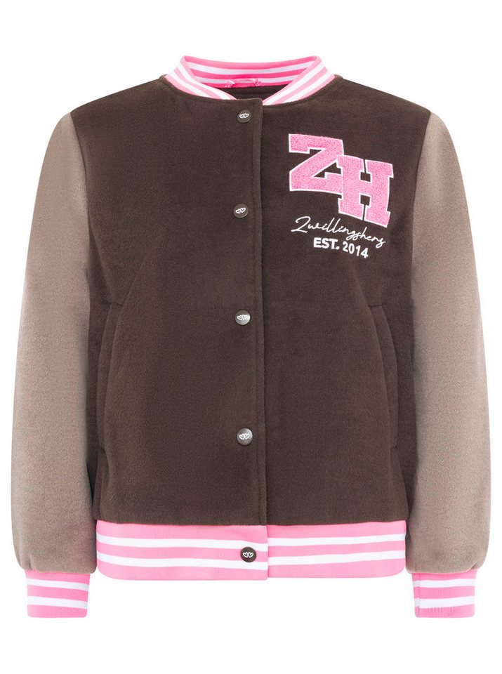 Zwillingsherz Bomberjacke „College Uni“ abgesetzte Ärmel, gestreifte Bündchen, Eingriffstaschen, Aufnäher – Bild 4 von 5