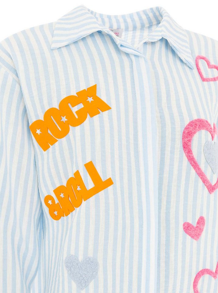 Zwillingsherz Hemdbluse "Rock n' Roll Patches" gestreift, länger geschnitten, auffallende Teddy-Patches, Knopfleiste – Bild 5 von 5