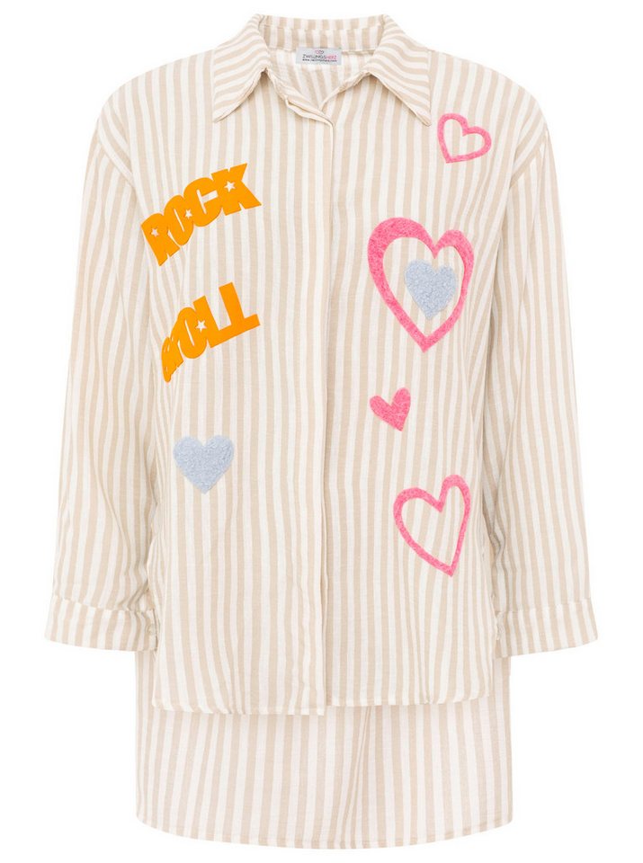 Zwillingsherz Hemdbluse "Rock n' Roll Patches" gestreift, länger geschnitten, auffallende Teddy-Patches, Knopfleiste – Bild 3 von 5
