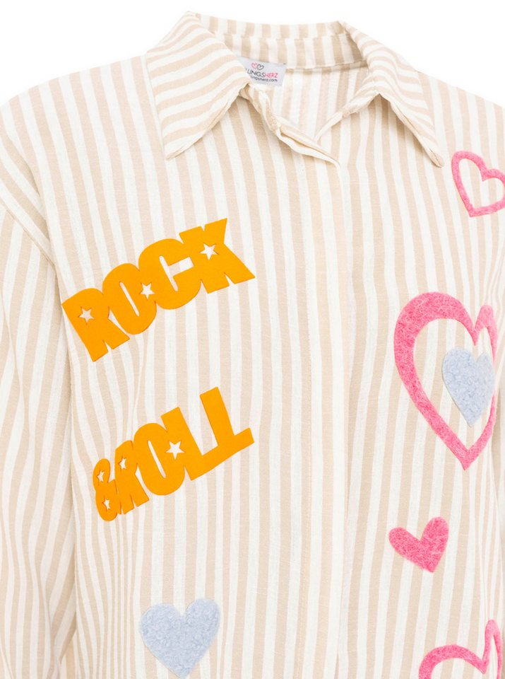 Zwillingsherz Hemdbluse "Rock n' Roll Patches" gestreift, länger geschnitten, auffallende Teddy-Patches, Knopfleiste – Bild 5 von 5