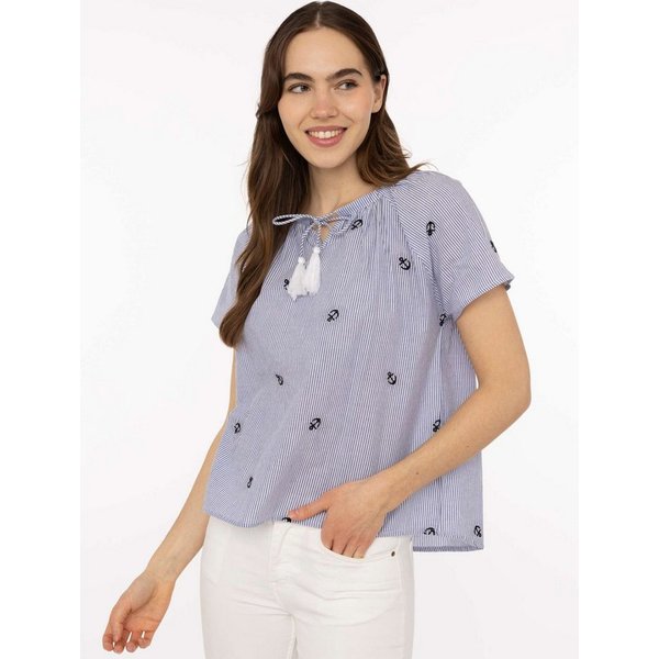 Zwillingsherz Kurzarmbluse "Stripe & Stitch" Kurzarm, mit Stickerei, Tunnelzug und Tasseln