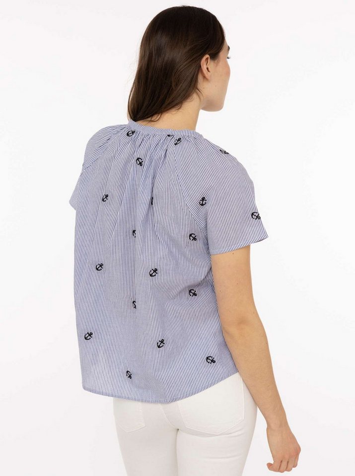 Zwillingsherz Kurzarmbluse "Stripe & Stitch" Kurzarm, mit Stickerei, Tunnelzug und Tasseln – Bild 2 von 5