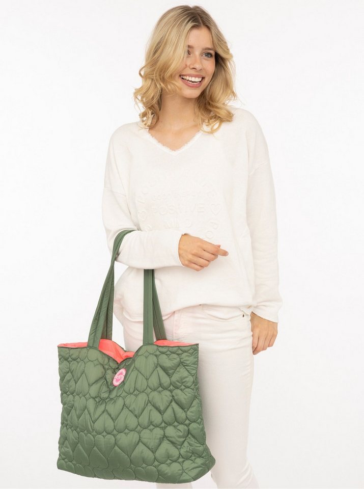 Zwillingsherz Shopper "Herzsteppung", Herzsteppung, langer Schulterriemen, pinkes Logo-Patch und Innenfutter – Bild 2 von 3