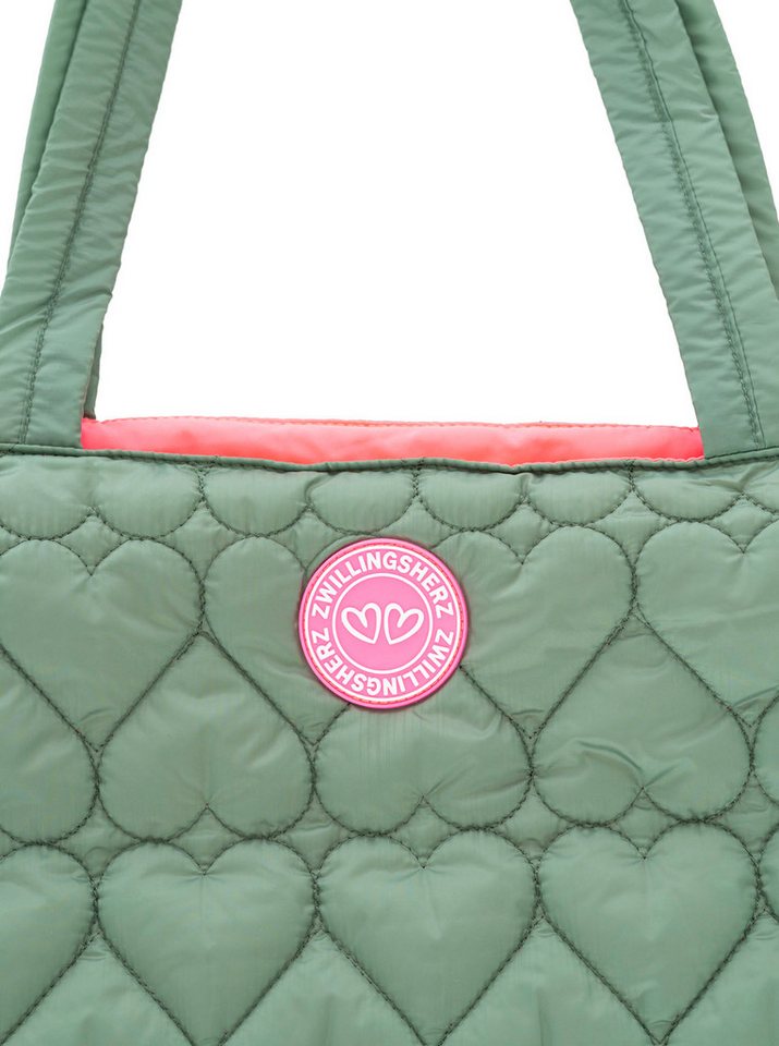 Zwillingsherz Shopper "Herzsteppung", Herzsteppung, langer Schulterriemen, pinkes Logo-Patch und Innenfutter – Bild 3 von 3