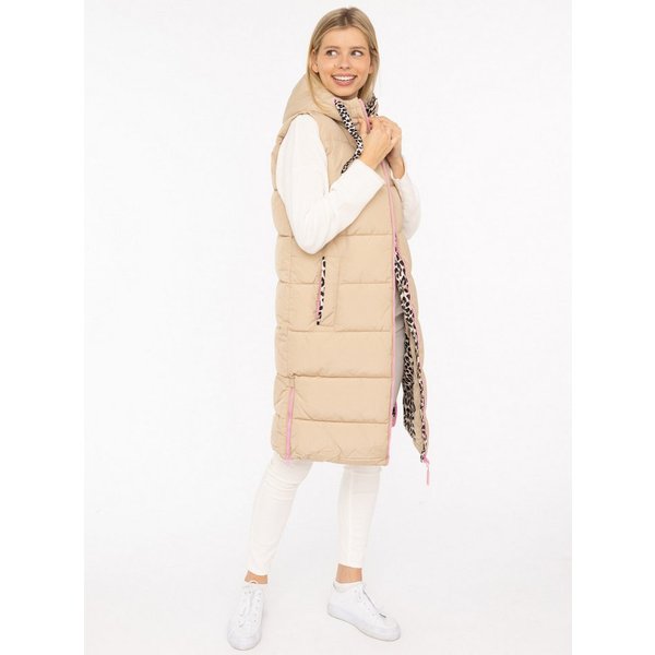 Zwillingsherz Steppweste "Wild Hearts" Leo-Muster, Taschen seitlich, modisch, Doppel-Zipper, extra lang