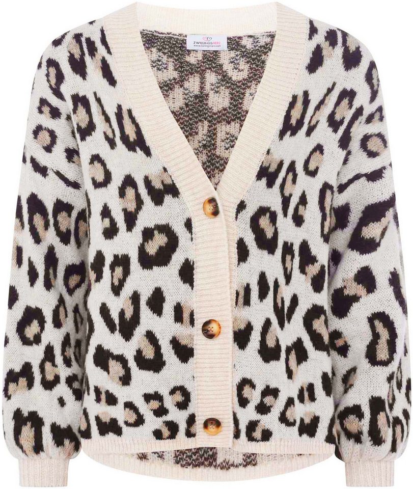 Zwillingsherz Strickjacke "Big Leo" One Size, Animal-Muster, Langarm, Knöpfe, tiefer V-Ausschnitt – Bild 2 von 5