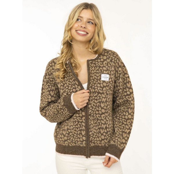 Zwillingsherz Strickjacke "Leo & Patch" Reißverschluss, Eingriffstaschen, Logopatch, farbige Kanten, Leomuster
