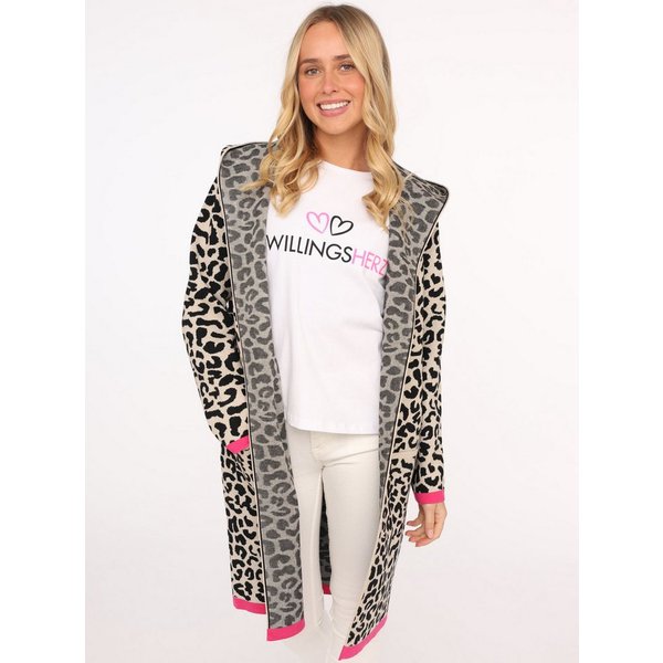 Zwillingsherz Strickjacke Leoparden-Muster, Neon-Details, Langarm, Kapuze, ohne Verschluss