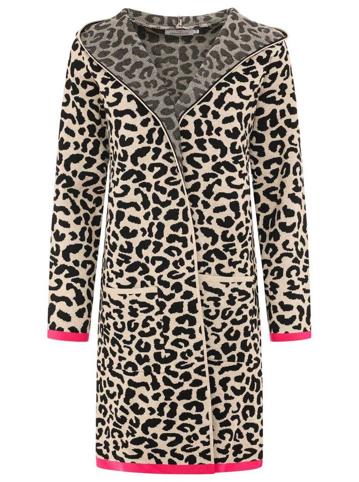 Zwillingsherz Strickjacke Leoparden-Muster, Neon-Details, Langarm, Kapuze, ohne Verschluss – Bild 3 von 4