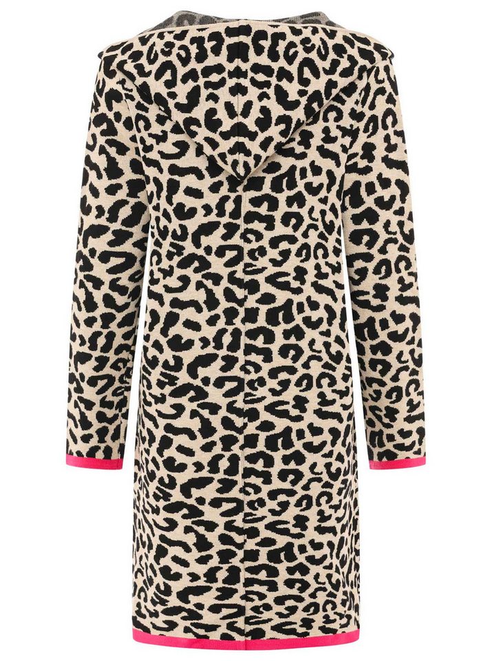 Zwillingsherz Strickjacke Leoparden-Muster, Neon-Details, Langarm, Kapuze, ohne Verschluss – Bild 4 von 4