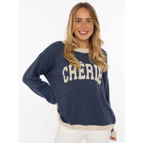 Zwillingsherz Strickpullover "Cherie" Rundhals, farbig abgesetzte Kanten, Schriftzug, One Size