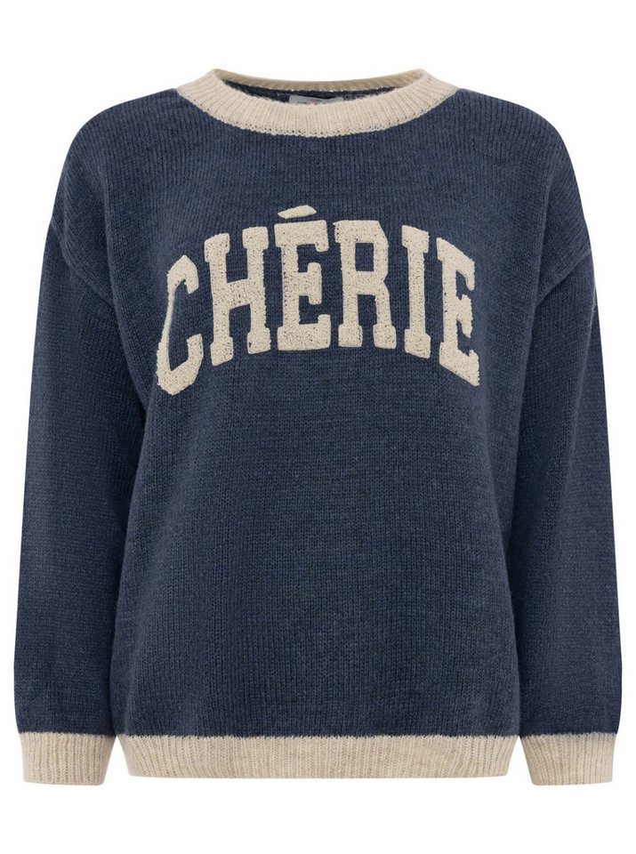 Zwillingsherz Strickpullover "Cherie" Rundhals, farbig abgesetzte Kanten, Schriftzug, One Size – Bild 2 von 5