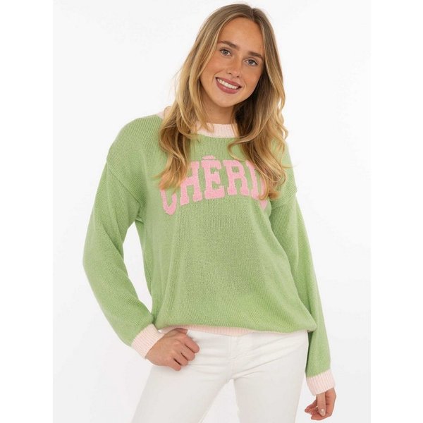 Zwillingsherz Strickpullover "Cherie" Rundhals, farbig abgesetzte Kanten, Schriftzug, One Size