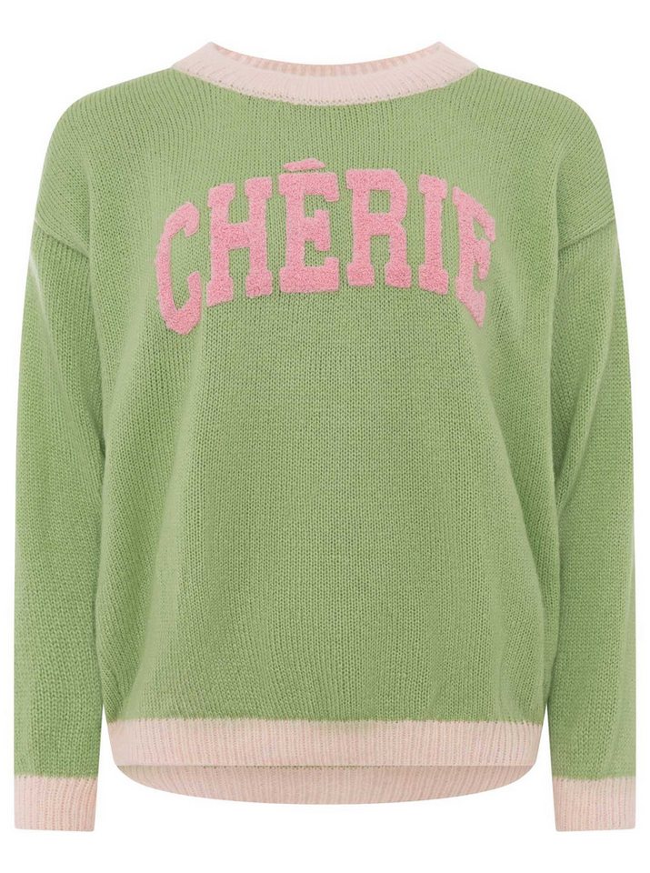 Zwillingsherz Strickpullover "Cherie" Rundhals, farbig abgesetzte Kanten, Schriftzug, One Size – Bild 2 von 5