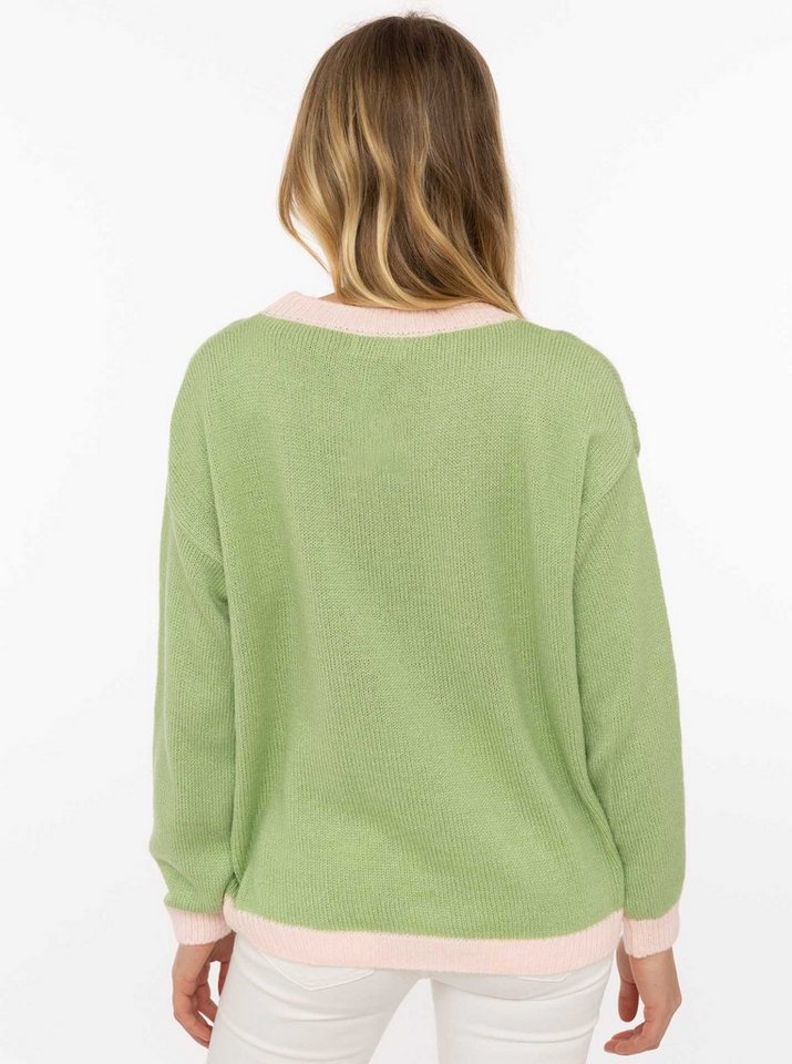 Zwillingsherz Strickpullover "Cherie" Rundhals, farbig abgesetzte Kanten, Schriftzug, One Size – Bild 3 von 5