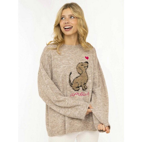 Zwillingsherz Strickpullover "Dog Amour" mit Hundemotiv, Rundhals, oversize, überschnittene Schultern, Strick