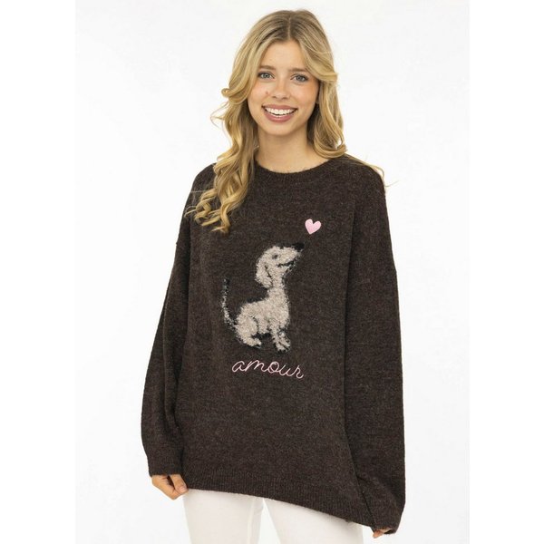 Zwillingsherz Strickpullover "Dog Amour" mit Hundemotiv, Rundhals, oversize, überschnittene Schultern, Strick