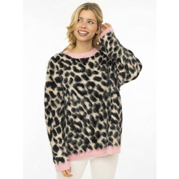 Zwillingsherz Strickpullover "Fluffy Leo" Rundhals, Leopardmuster, pinke Bündchen, oversize, Strick