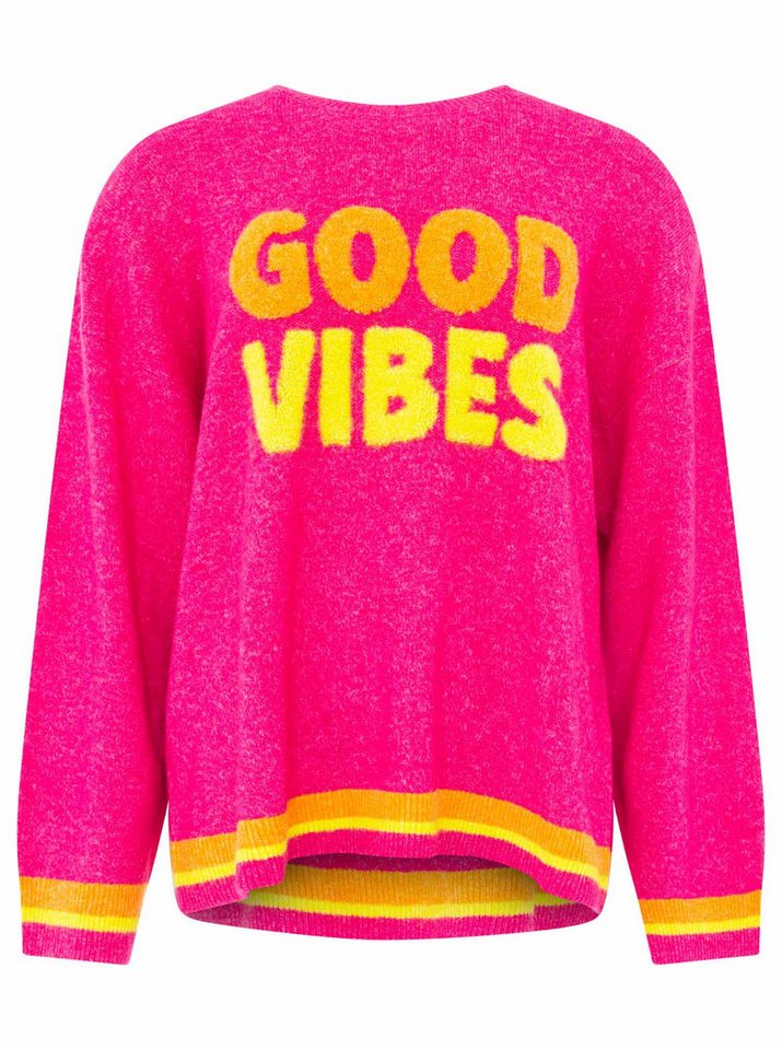 Zwillingsherz Strickpullover "GOOD VIBES" farbiger Schriftzug, gestreifte Neon-Bündchen, Rundhals, Strick – Bild 3 von 5
