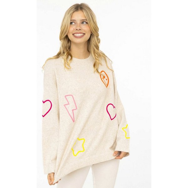 Zwillingsherz Strickpullover "Happy Patch" mit bunten, kontrastreichen Motiven, Rundhals, oversize