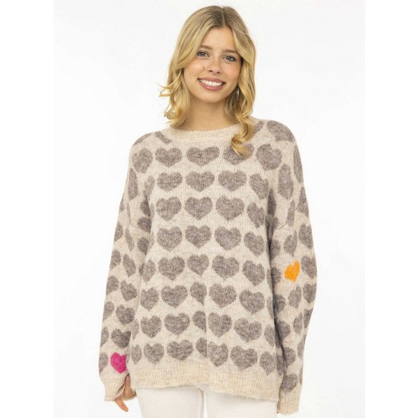 Zwillingsherz Strickpullover "HEARTS" oversize, Herzmuster, Rundhals, überschnittene Schultern, Strick