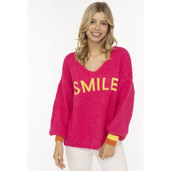 Zwillingsherz Strickpullover "Smile" Langarm, One Size, V-Ausschnitt, Neon-Details, Schriftzug