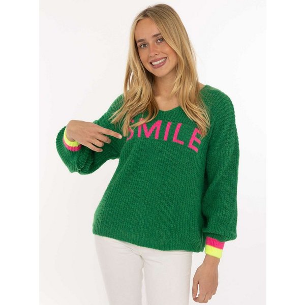 Zwillingsherz Strickpullover "Smile" Langarm, One Size, V-Ausschnitt, Neon-Details, Schriftzug