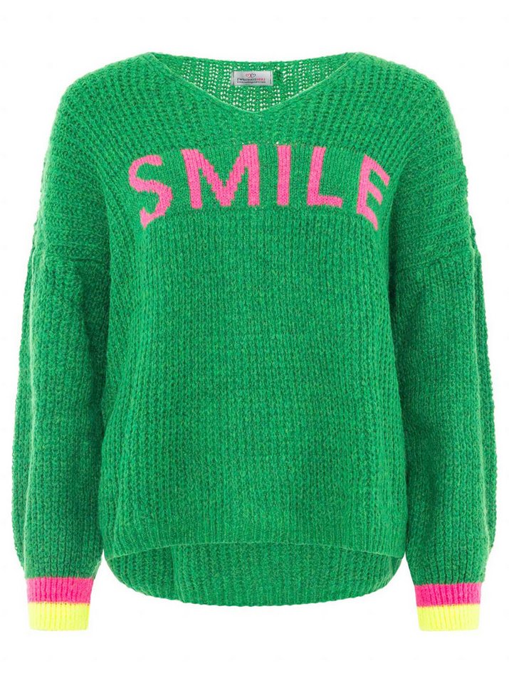 Zwillingsherz Strickpullover "Smile" Langarm, One Size, V-Ausschnitt, Neon-Details, Schriftzug – Bild 2 von 5