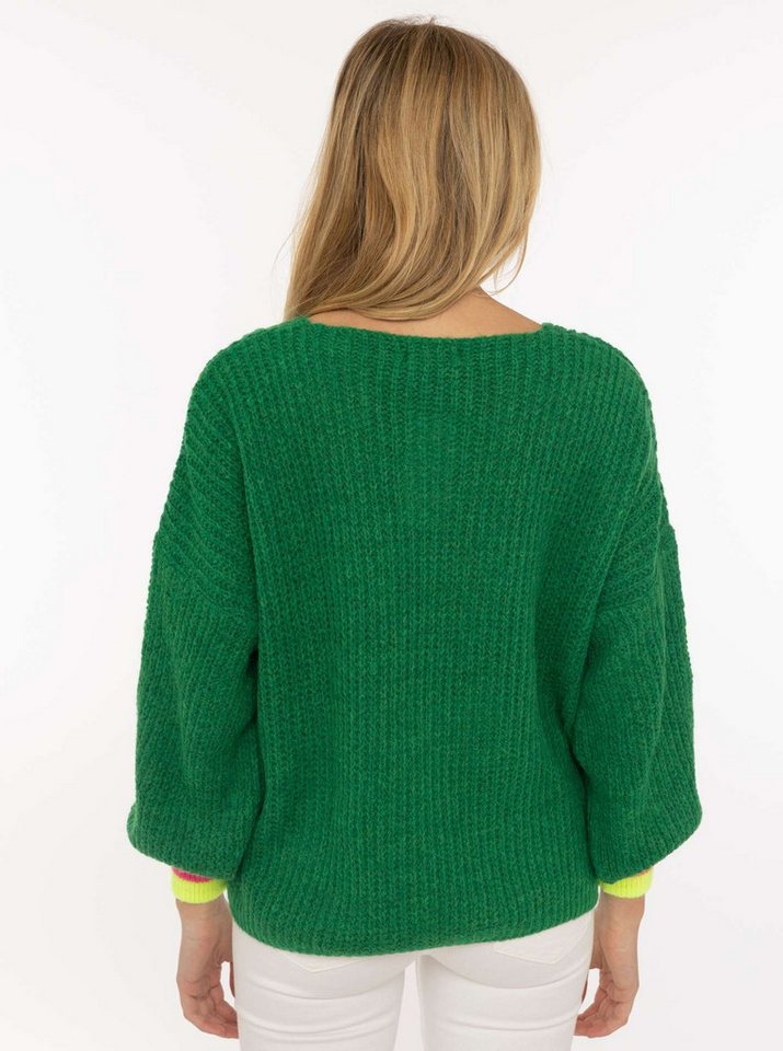 Zwillingsherz Strickpullover "Smile" Langarm, One Size, V-Ausschnitt, Neon-Details, Schriftzug – Bild 3 von 5