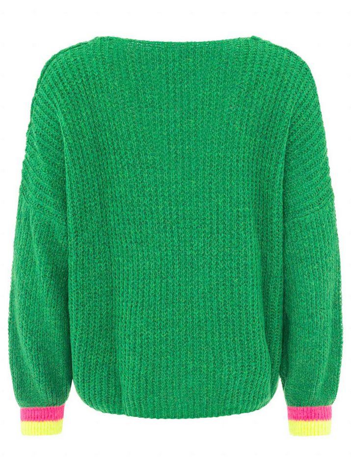 Zwillingsherz Strickpullover "Smile" Langarm, One Size, V-Ausschnitt, Neon-Details, Schriftzug – Bild 4 von 5