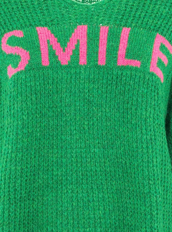 Zwillingsherz Strickpullover "Smile" Langarm, One Size, V-Ausschnitt, Neon-Details, Schriftzug – Bild 5 von 5