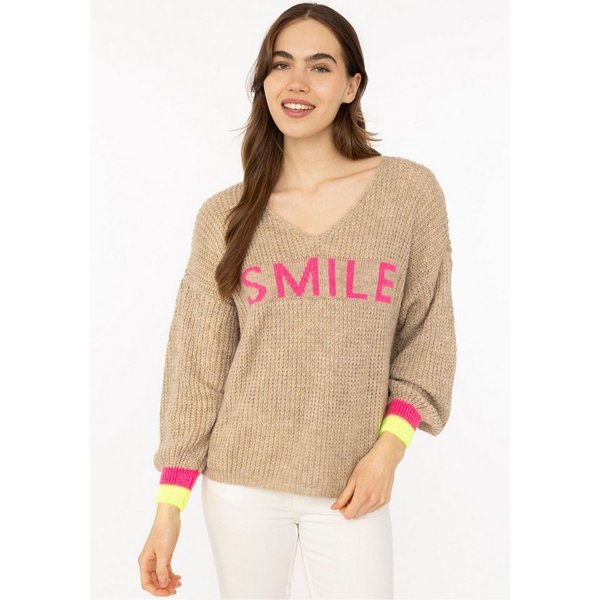 Zwillingsherz Strickpullover "Smile" Langarm, One Size, V-Ausschnitt, Neon-Details, Schriftzug