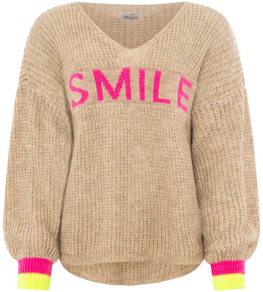 Zwillingsherz Strickpullover "Smile" Langarm, One Size, V-Ausschnitt, Neon-Details, Schriftzug – Bild 2 von 5