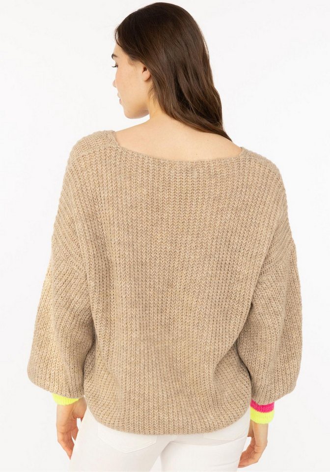 Zwillingsherz Strickpullover "Smile" Langarm, One Size, V-Ausschnitt, Neon-Details, Schriftzug – Bild 3 von 5