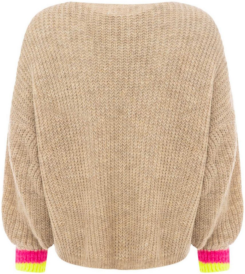 Zwillingsherz Strickpullover "Smile" Langarm, One Size, V-Ausschnitt, Neon-Details, Schriftzug – Bild 4 von 5