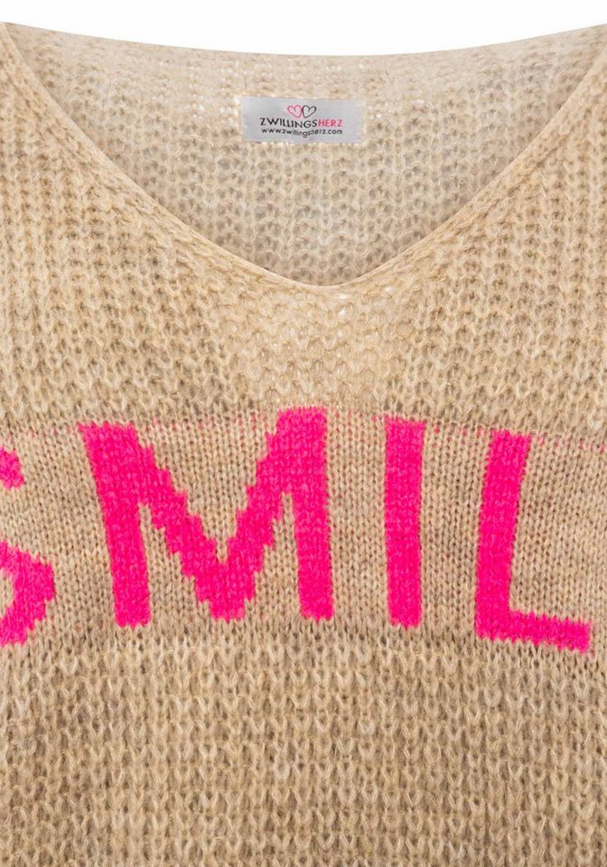 Zwillingsherz Strickpullover "Smile" Langarm, One Size, V-Ausschnitt, Neon-Details, Schriftzug – Bild 5 von 5