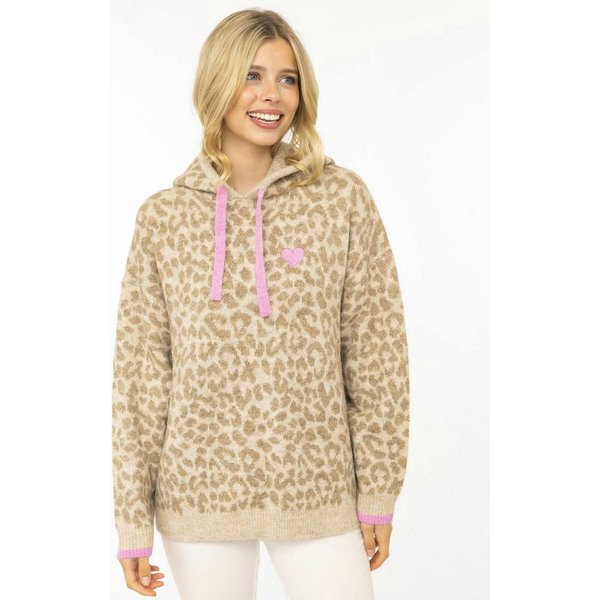 Zwillingsherz Strickpullover "WILD HEART" Leomuster, Kapuze, Statement Schriftzug, farbige Akzente, oversize