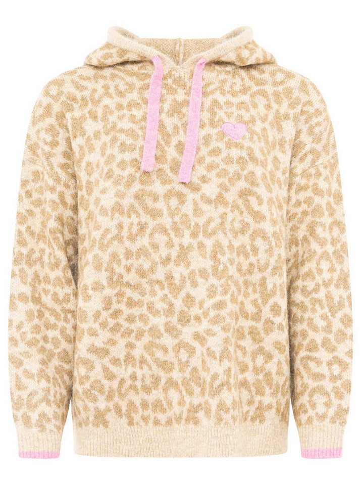 Zwillingsherz Strickpullover "WILD HEART" Leomuster, Kapuze, Statement Schriftzug, farbige Akzente, oversize – Bild 3 von 5