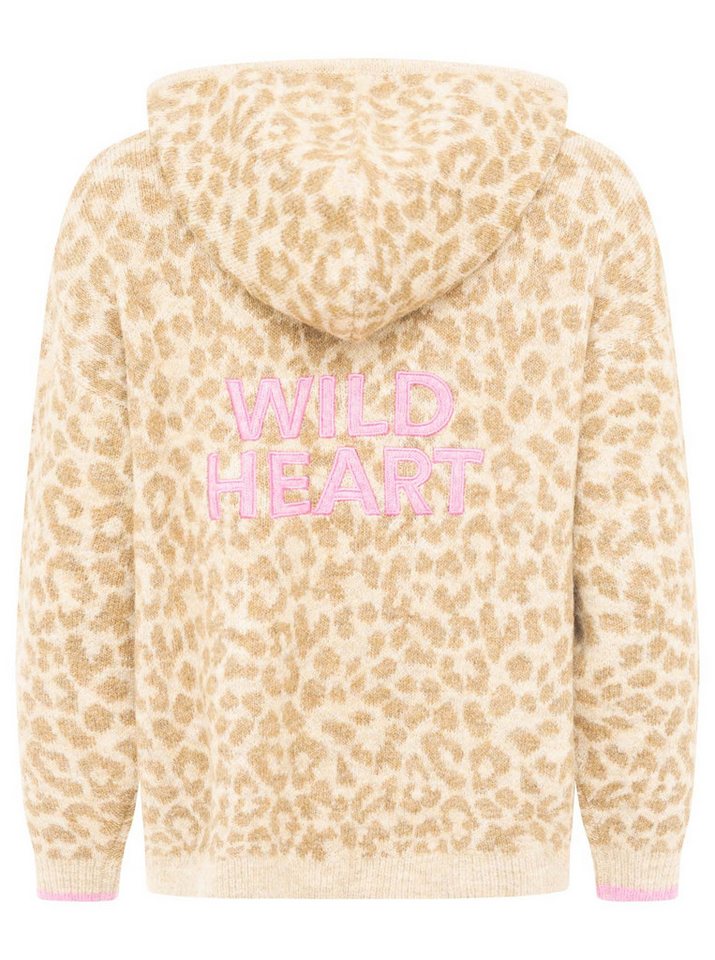 Zwillingsherz Strickpullover "WILD HEART" Leomuster, Kapuze, Statement Schriftzug, farbige Akzente, oversize – Bild 4 von 5