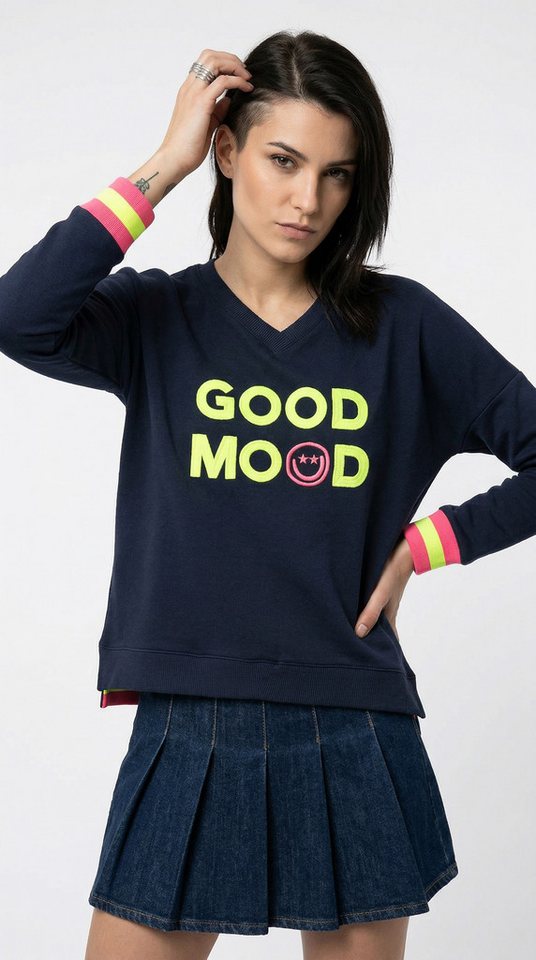 Zwillingsherz Sweatshirt Langarm, Neon-Details, V-Ausschnitt, Schriftzug – Bild 4 von 5
