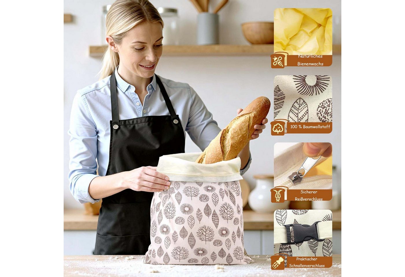Zyronn Brottasche 2er Wiederverwendbare Bienenwachs Brotbeutel 43cm×33cm, (2-tlg) – Bild 4 von 5