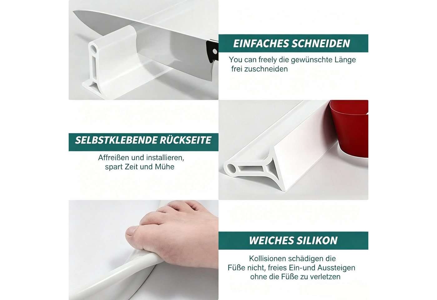 Zyronn Duschdichtung Gummi-Duschdichtung, Spritzschutz-Wasserleiste, 200 × 3 × 3,5 cm, für Küche, Badezimmer und Duschkabine – Bild 5 von 5