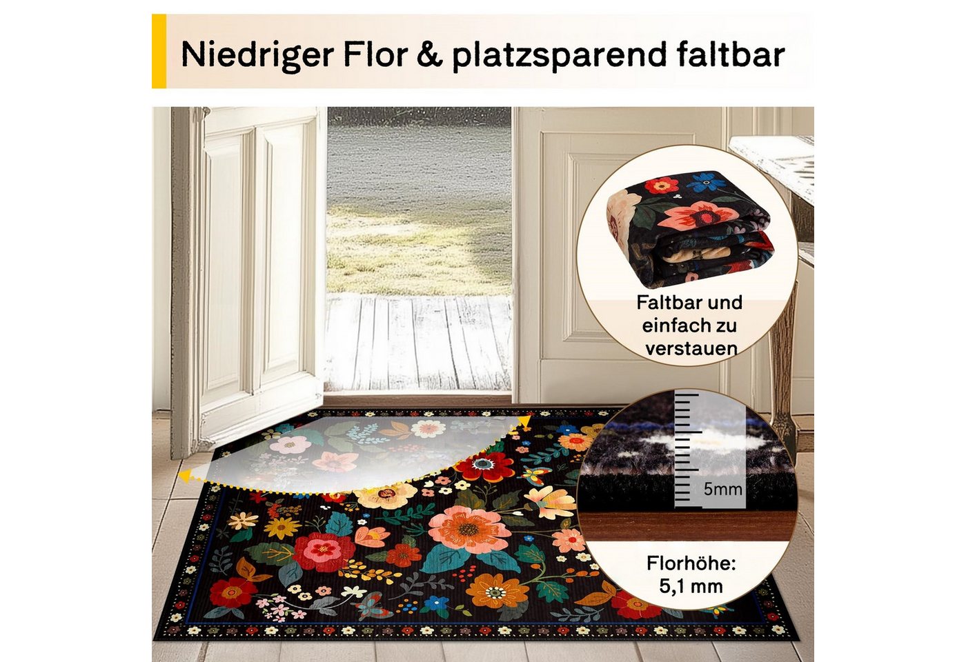 Zyronn Fußmatte Schmutzfangmatte Innen, Fussmatte, Blumenmuster, Vintage Teppiche, Eingangstürmatte für Flur Eingangsbereich Küche – Bild 4 von 5
