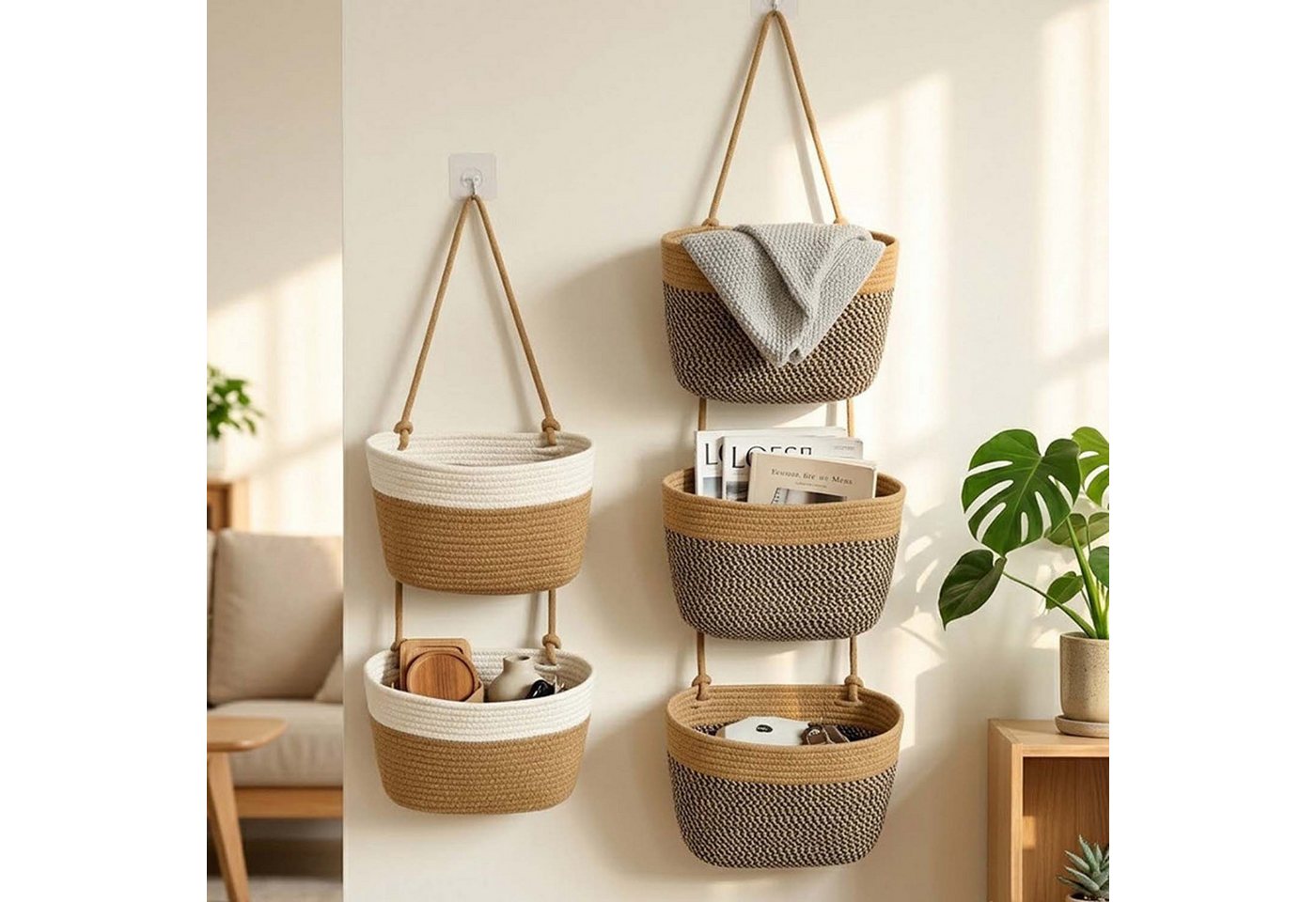 Zyronn Hängekorb 5-stöckiger Boho Hängekorb in neutralem Ton - Wandorganizer – Bild 3 von 5