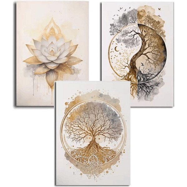 Zyronn Leinwandbild 3Pcs Lebensbaum Yin Yang Leinwand Bilder Malerei Poster Ohne Rahmen, (3 St), Wandbilder Wohnzimmer Schlafzimmer Badezimmer Wanddeko