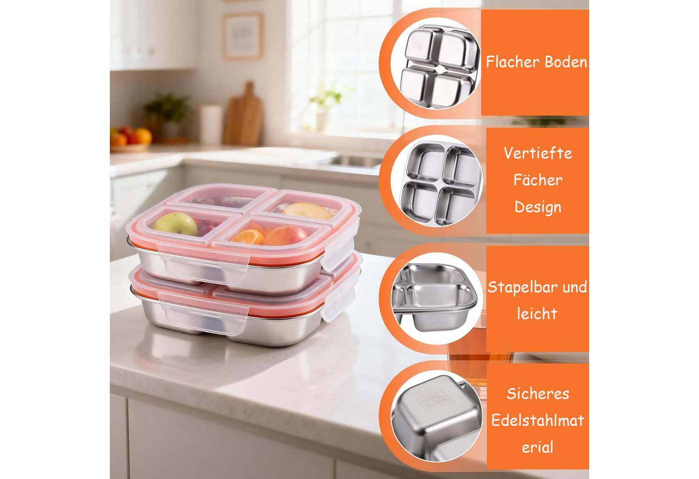Zyronn Lunchbox Snackbox mit Fächern Edelstahl, Wiederverwendbare Snackdose für Kinder – Bild 2 von 5