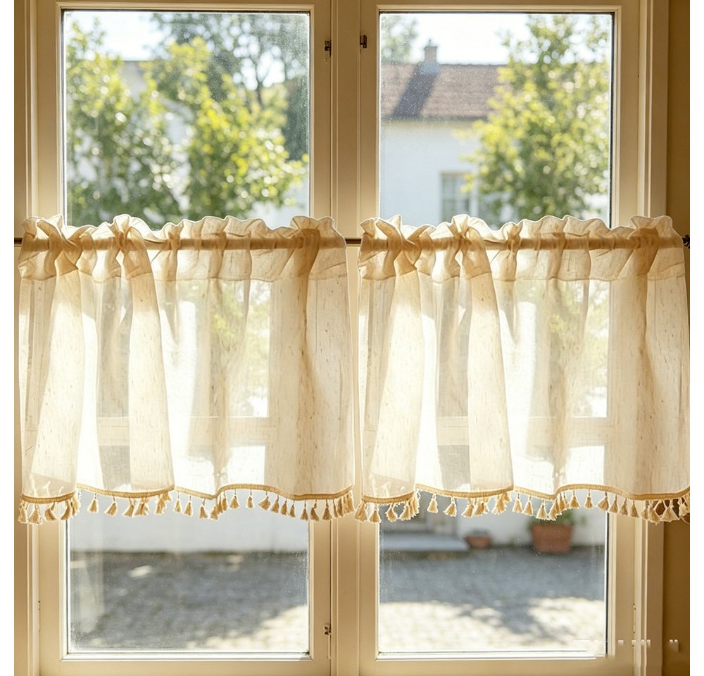 Zyronn Schiebegardine Netzvorhänge im Leinen-Look,Boho Bistrogardine,Quaste Landhaus, tangendurchzug, halbtransparent, halbtransparente Küchengardinen – Bild 2 von 5