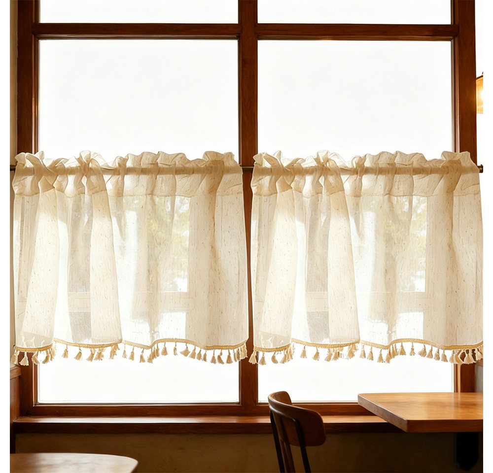 Zyronn Schiebegardine Netzvorhänge im Leinen-Look,Boho Bistrogardine,Quaste Landhaus, tangendurchzug, halbtransparent, halbtransparente Küchengardinen – Bild 3 von 5