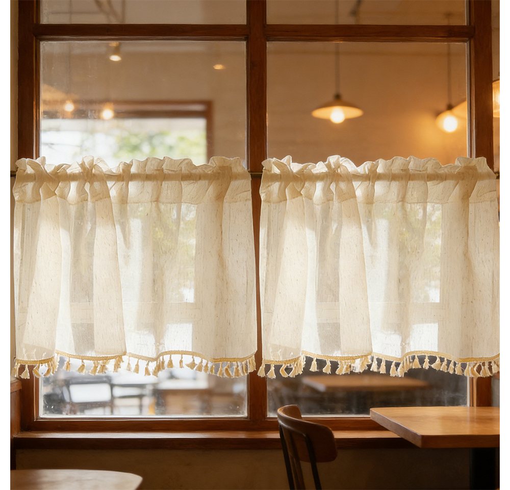 Zyronn Schiebegardine Netzvorhänge im Leinen-Look,Boho Bistrogardine,Quaste Landhaus, tangendurchzug, halbtransparent, halbtransparente Küchengardinen – Bild 5 von 5